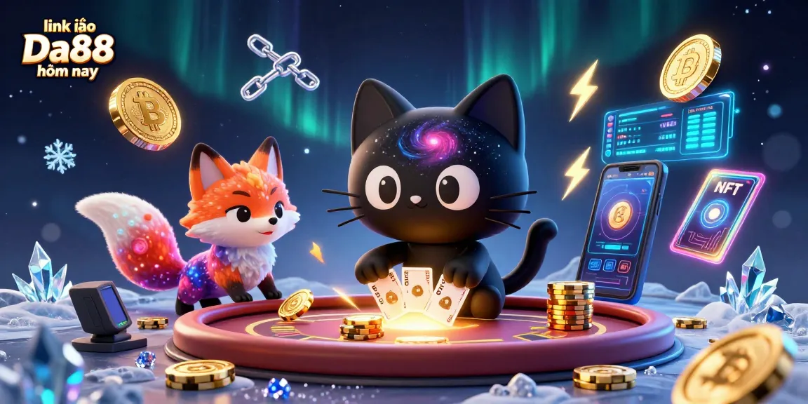 Engage with link vào Da88 hôm nay at a dynamic cosmic casino featuring a black hole cat and a nebula fox.