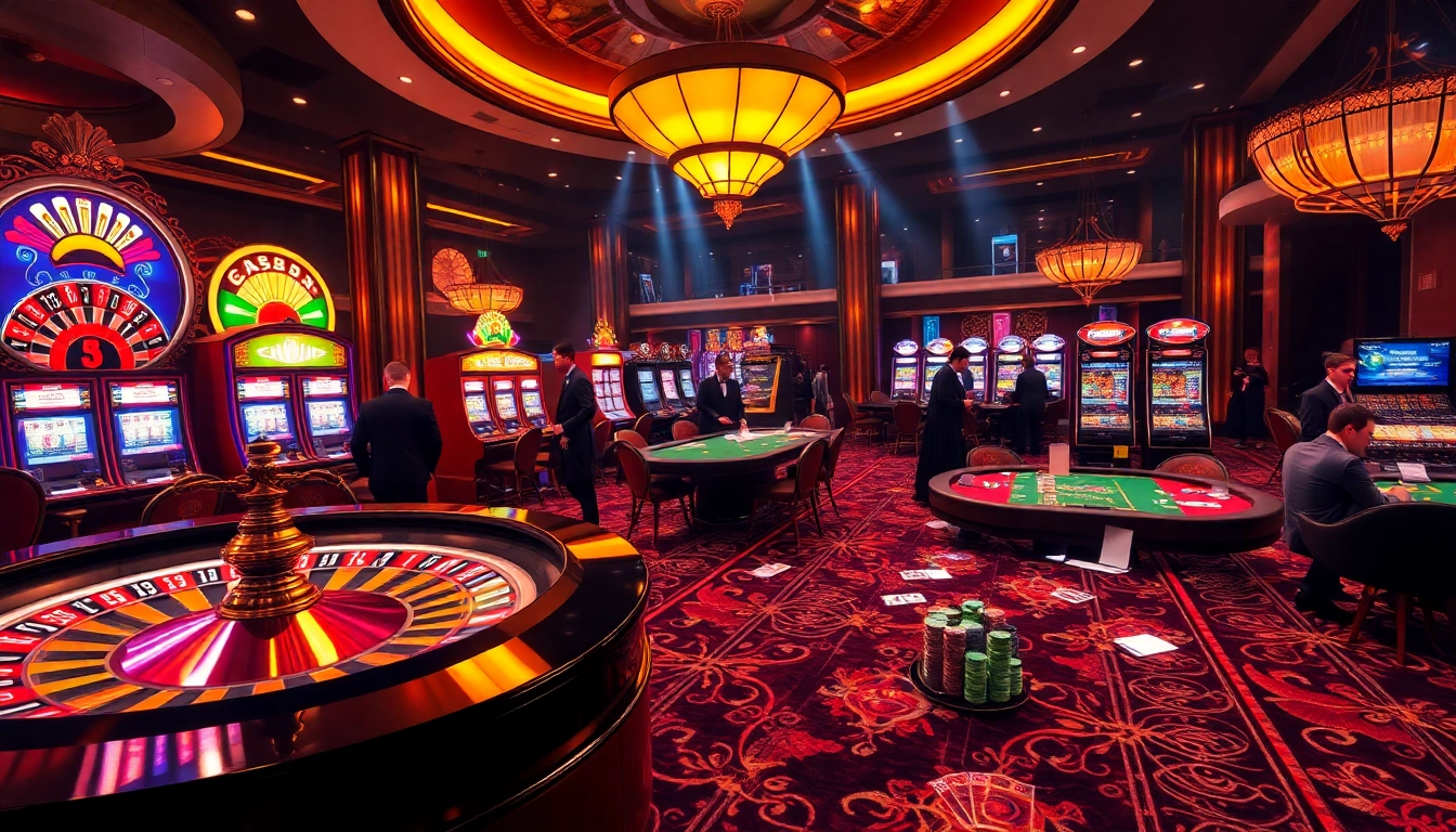 Players enjoying classic gaming experiences at https://vb88org.com/ with roulette, poker, and slot machines in a luxurious casino.