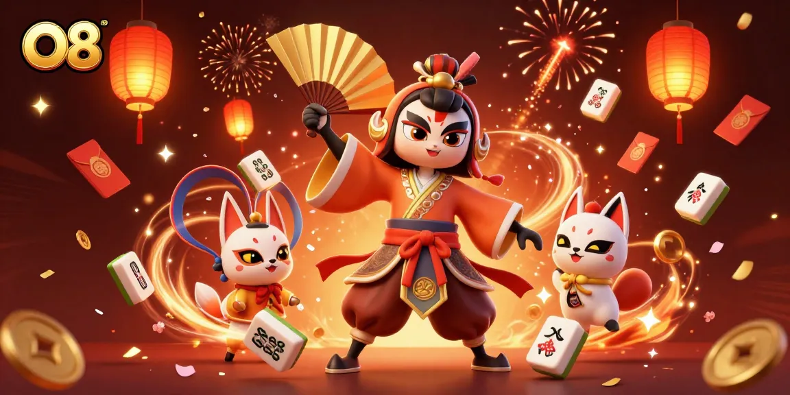 Experience thrilling gameplay at O8 with a vibrant scene of kabuki warriors and casino elements.
