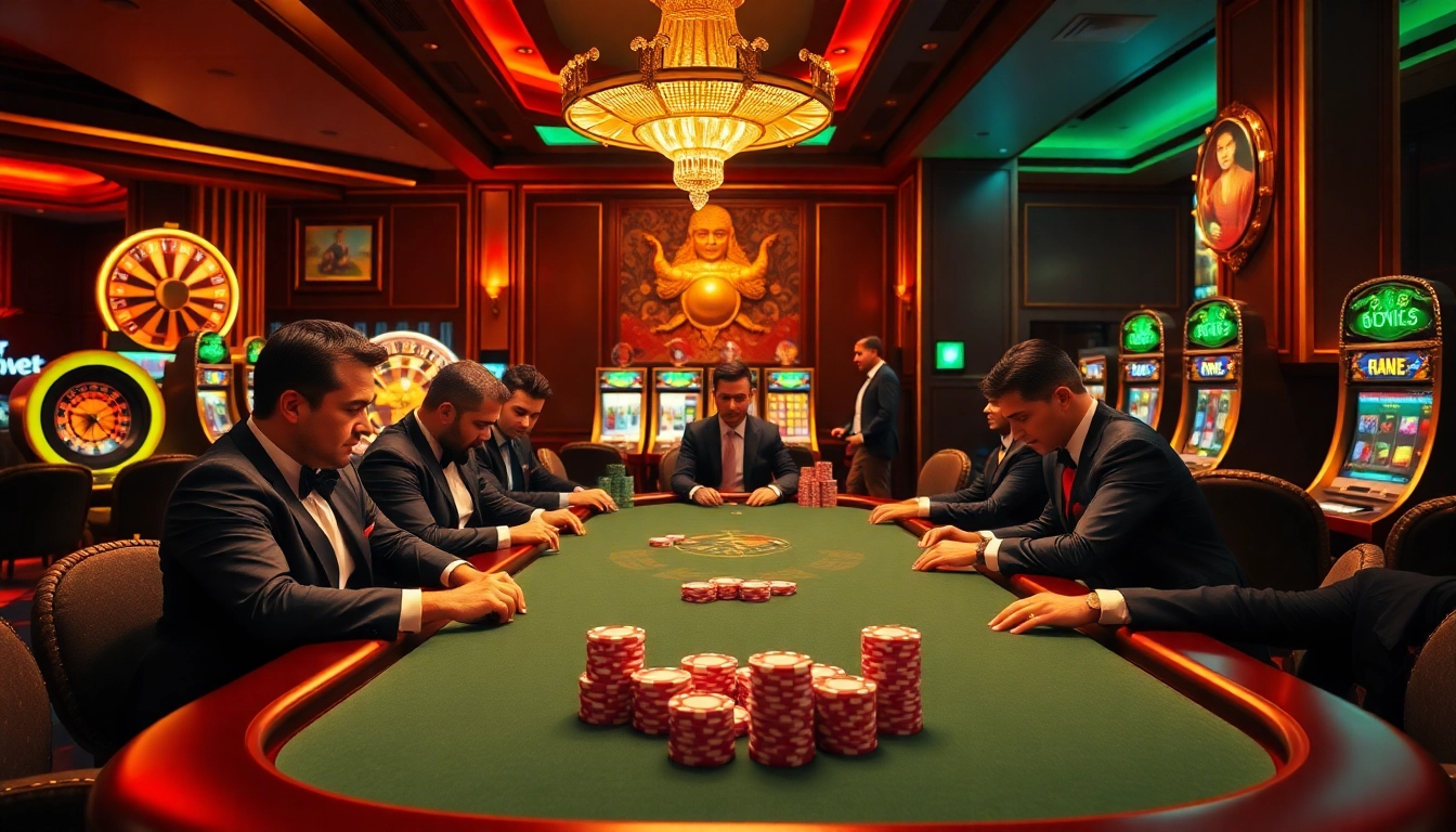 Exciting gameplay at https://debet678.com/ with a luxurious poker table and vibrant casino atmosphere.
