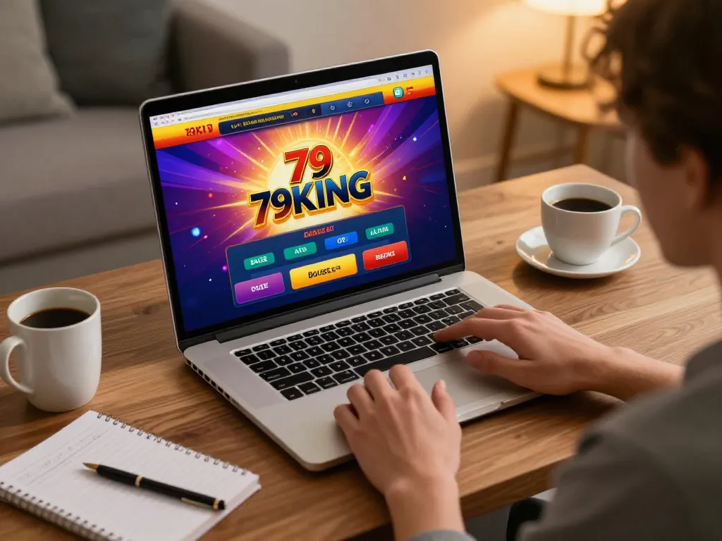Engaged player using 79KING online casino platform at home for live games.