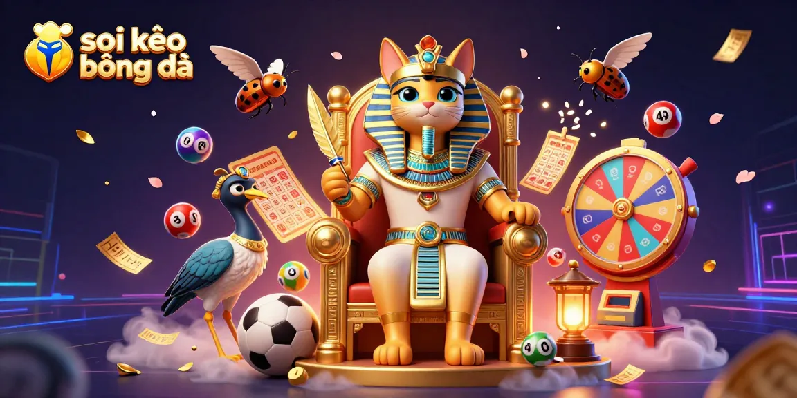 Soi kèo bóng đá scene with Egyptian characters amidst sports betting elements and vibrant lottery balls