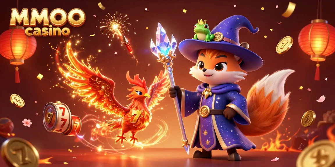Experience the excitement of MMOO casino with a wizard fox and phoenix celebrating around vibrant slot reels and confetti.