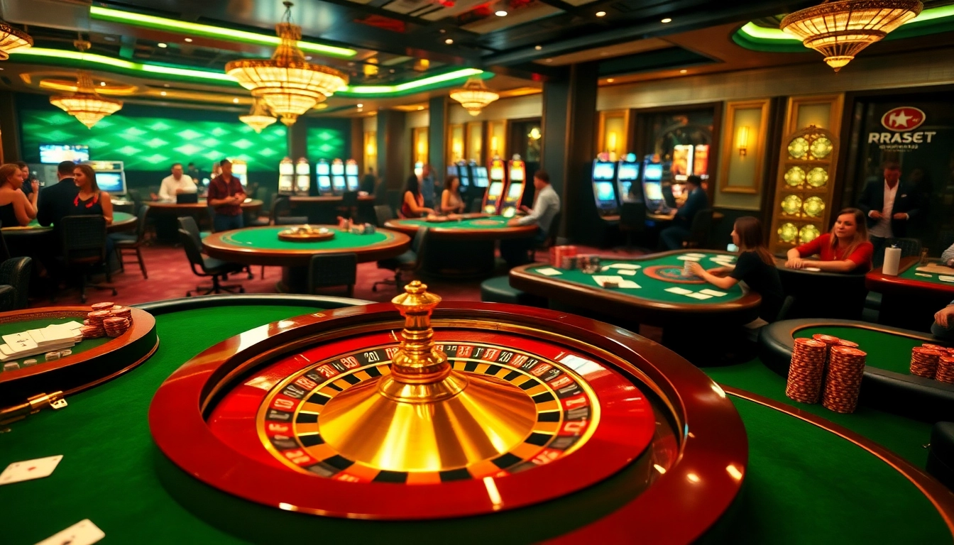 RR88 casino scene showcasing excitement with roulette, poker chips, and players engaged in dynamic gambling activities.