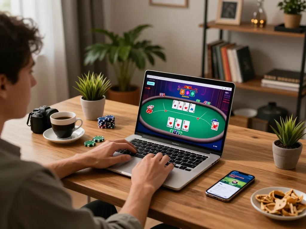 Engaging online poker gameplay at home using a laptop on tr88 com while promoting responsible gaming.
