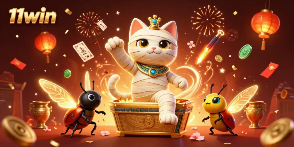 Experience excitement at the 11win casino with a vibrant illustration featuring a mummy cat and scarab.