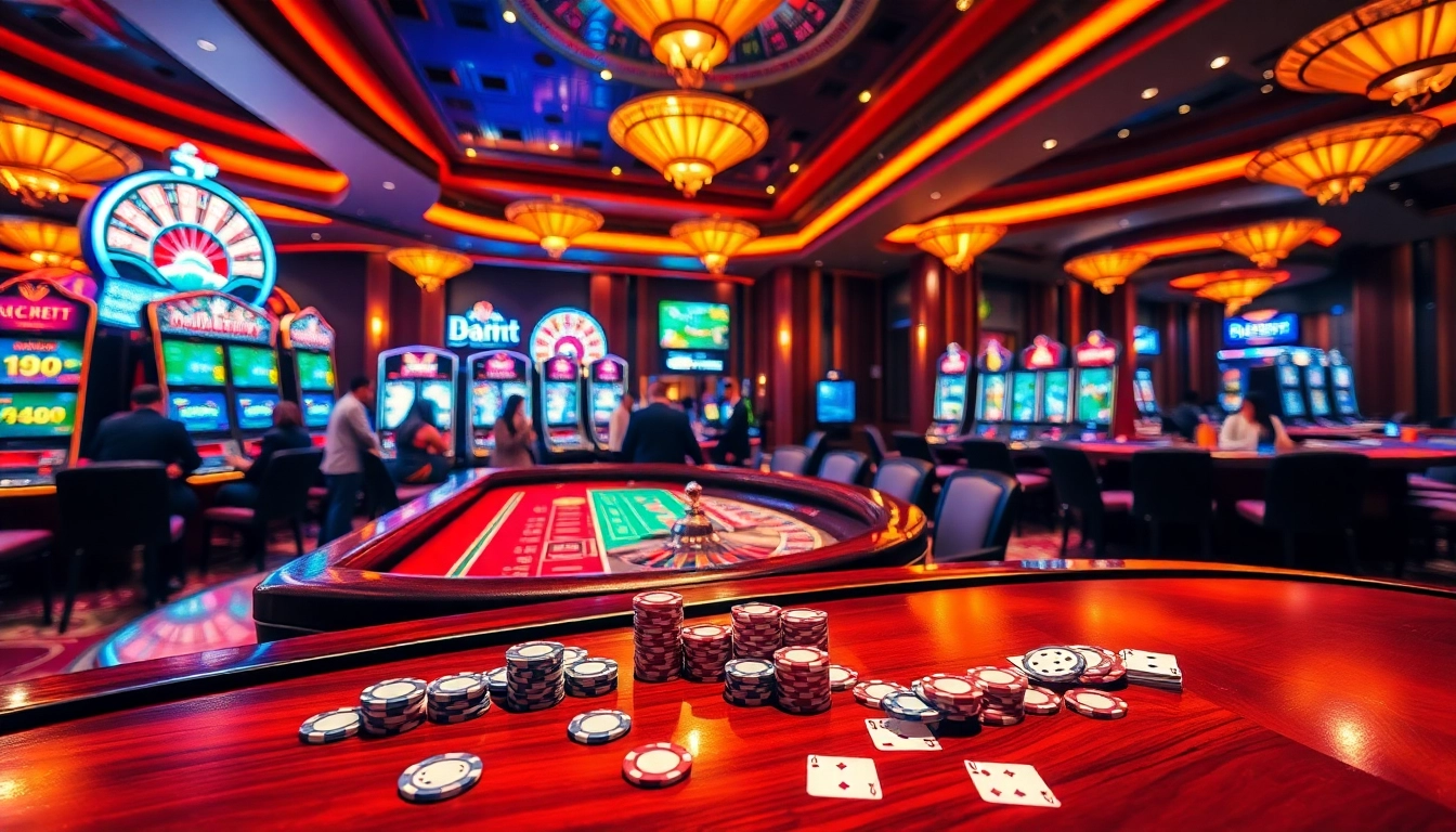 Engaging players at the baccarat table at red88.hot casino, amidst vibrant slot machines and roulette wheels.