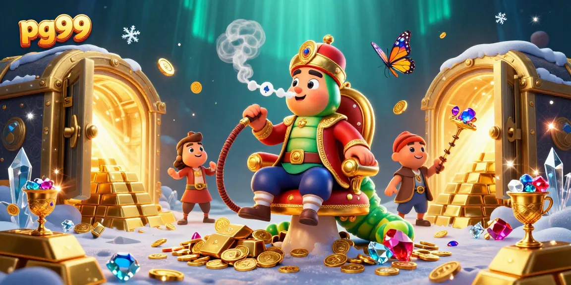 Experience the excitement of pg99 with a vibrant scene of a caterpillar casino master surrounded by wealth and adventure.