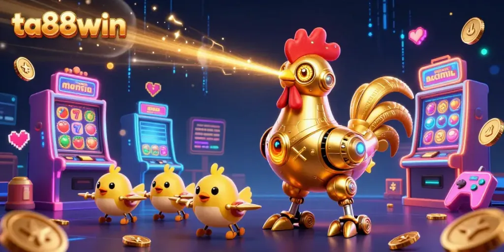 Engage with a vibrant ta88win casino scene featuring golden rooster robot and colorful slot machines for excitement.
