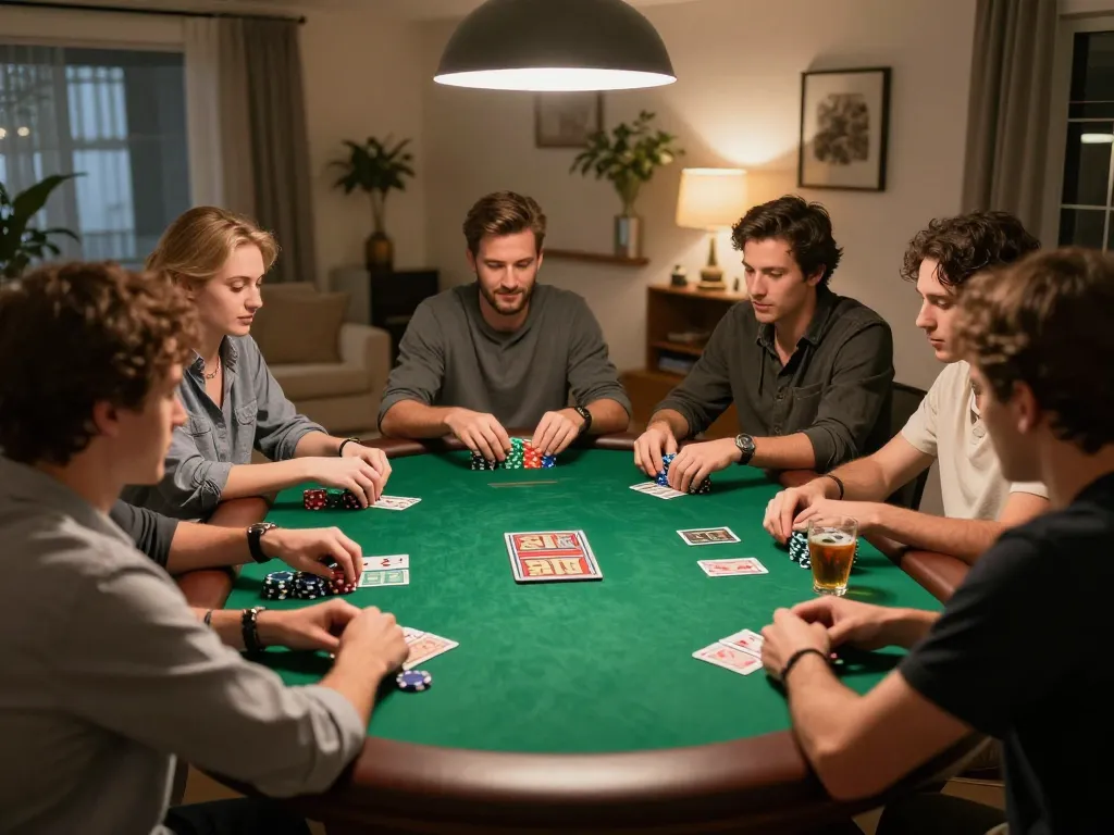 Friends engaged in a poker game at home, showcasing jkp88 strategy moments for entertaining gameplay.