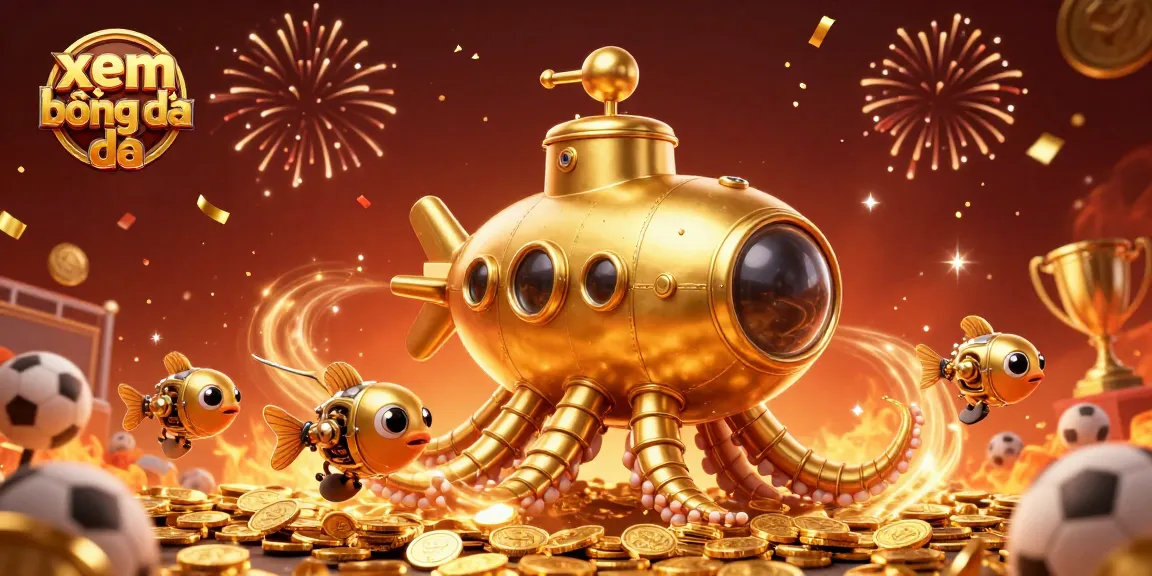 Xem bóng đá live action featuring a golden kraken submarine and mechanical fish amidst a vibrant celebration.