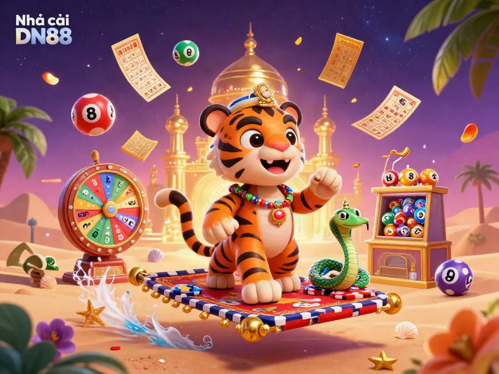 Engage with Nhà cái DN88 in a vibrant gaming environment featuring a flying tiger sultan amidst dynamic lottery elements.