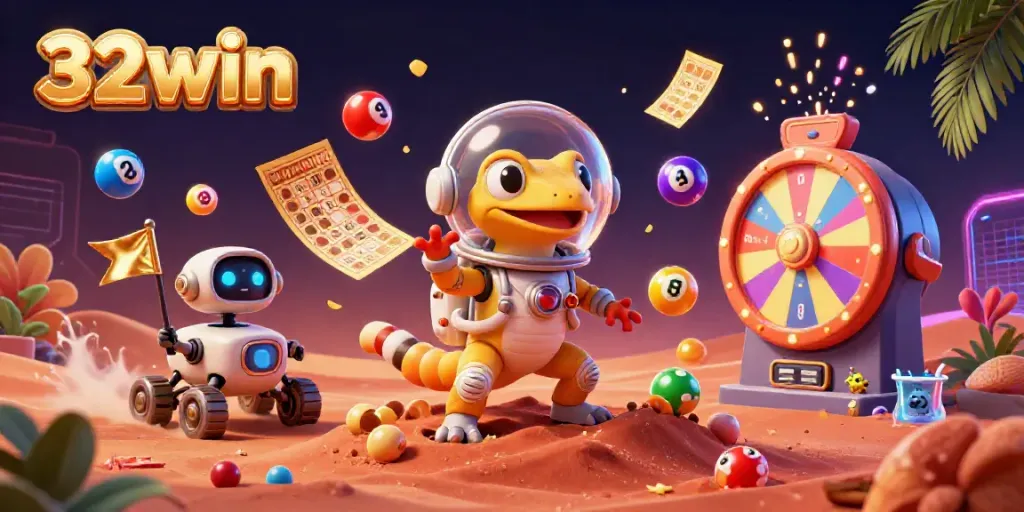 Experience the thrilling world of 32win with a Martian gecko discovering a golden casino on Mars, amidst vibrant gaming elements.