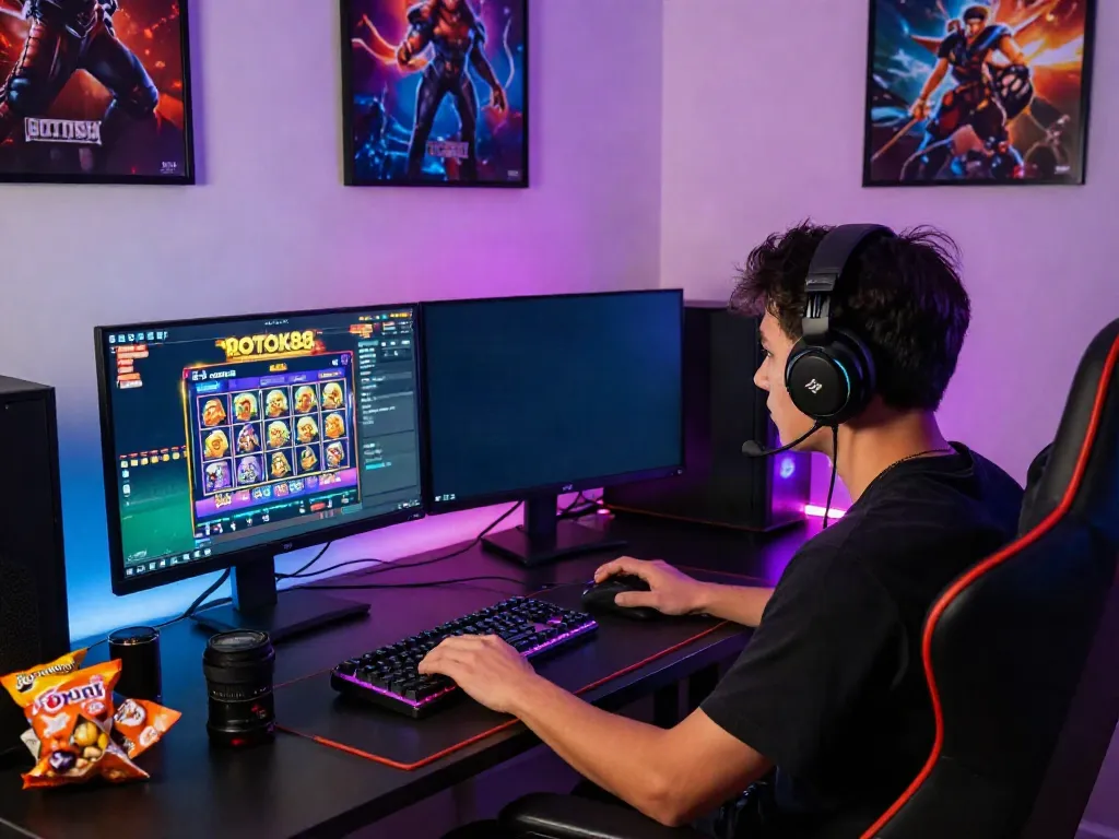 Engaging gamer in a vibrant workspace playing rokok88 slot, surrounded by colorful gaming accessories.