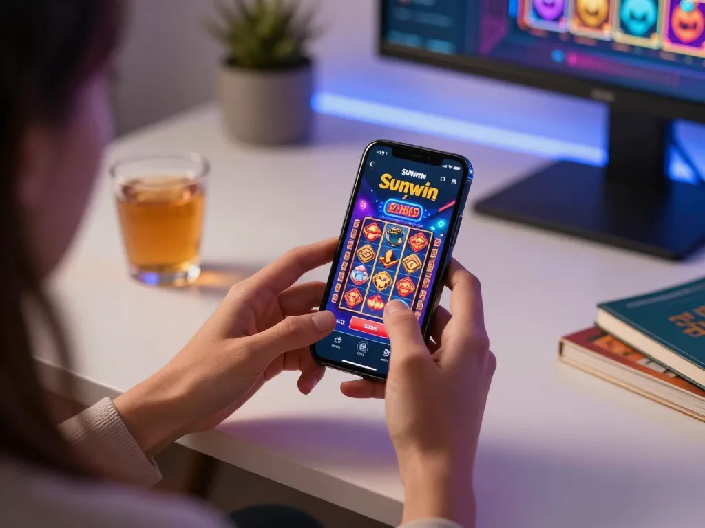 Engaging with Sunwin mobile app while playing exciting casino slots in a cozy home.