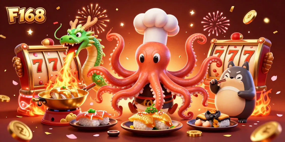 Spin with F168: A sushi chef octopus prepares golden dishes surrounded by vibrant casino elements.