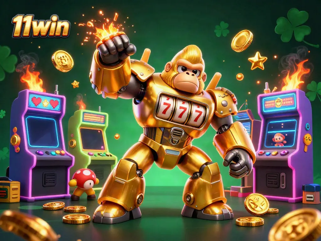 Engage with 11win by witnessing a golden gorilla mech bursting with coins in a vibrant casino scene.