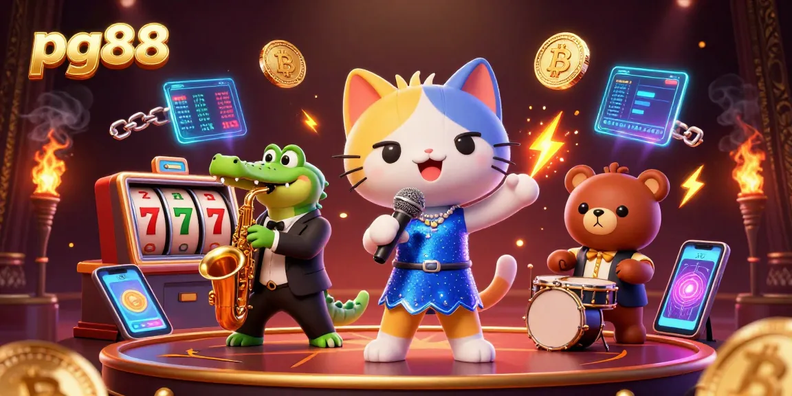 Engage with pg88’s vibrant casino scene featuring a jazz-singer cat, saxophone crocodile, and drum bear.