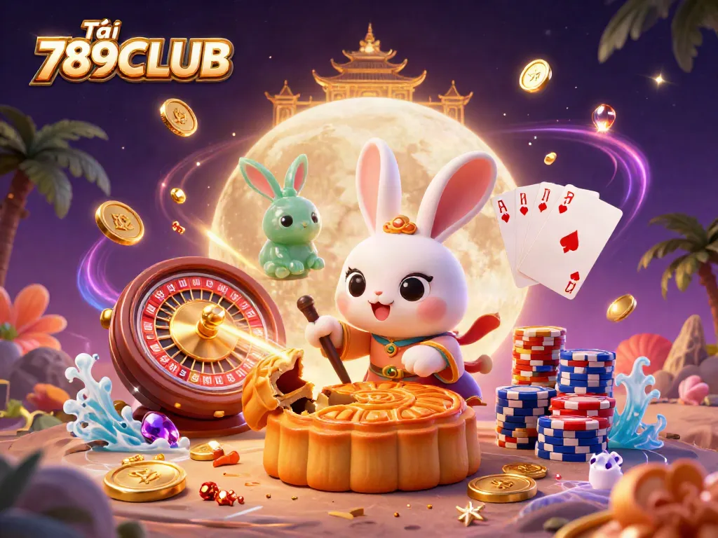 Tải 789CLUB and win more with a vibrant, detailed illustration of a moon rabbit in a casino setting.