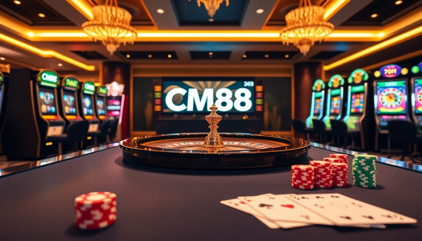 Experience the excitement of CM88 with an elegant online casino scene featuring roulette and slot machines.