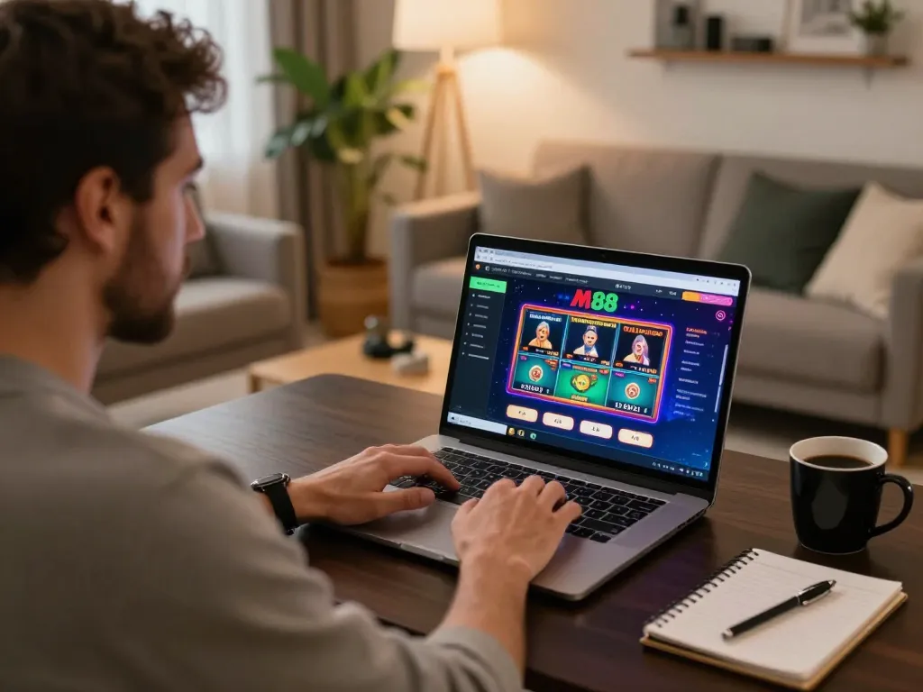 Player using https://www.mnm88.com/ on laptop for online poker gaming, highlighting strategy and engagement.