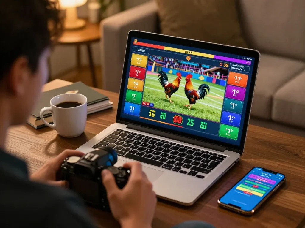 Engaging scene of đá gà trực tiếp online betting on a laptop in a cozy home environment, showcasing excitement.