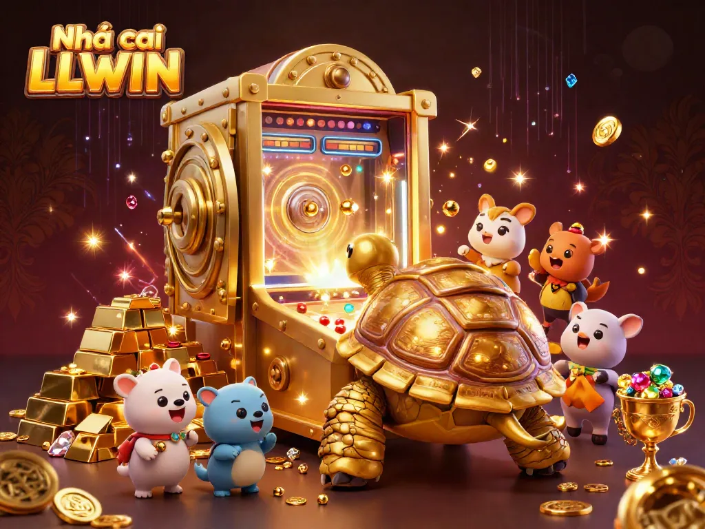 Engaging the thrill of gaming at Nhà cái LLWIN with cartoon tortoises and treasures in a vibrant 3D scene.