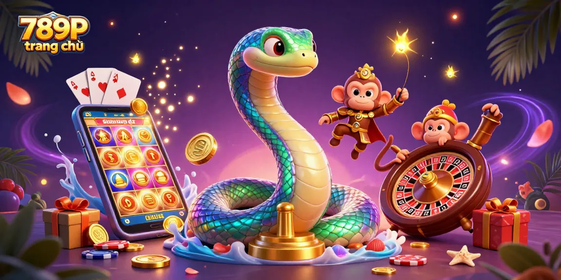 Engage with 789P trang chủ through a vivid 3D casino scene featuring a rainbow serpent and gold coins.
