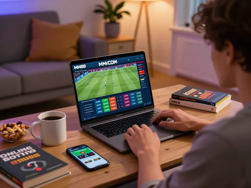 Engaged player placing bets on MM88 COM while analyzing game statistics from their home setup.