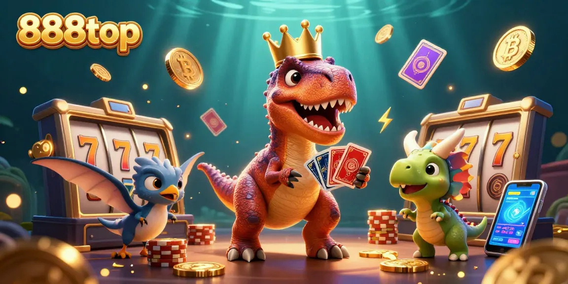 Engage with thrilling wins at 888top, featuring a dinosaur dealer and vibrant gaming elements.