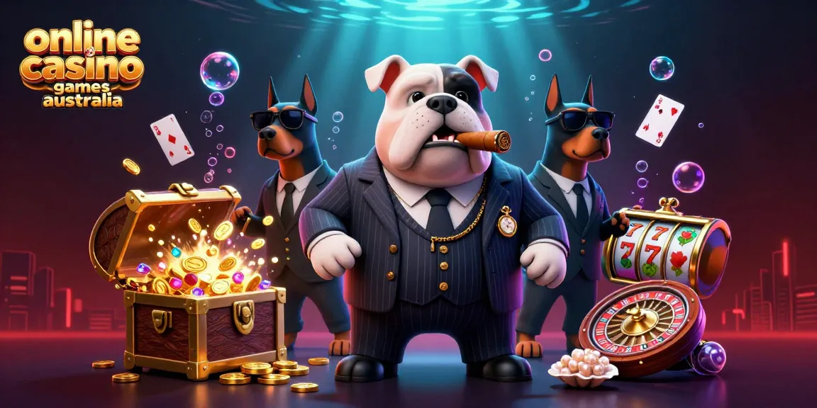 Engage with online casino games Australia featuring 3D mafia characters amidst dynamic gaming elements.