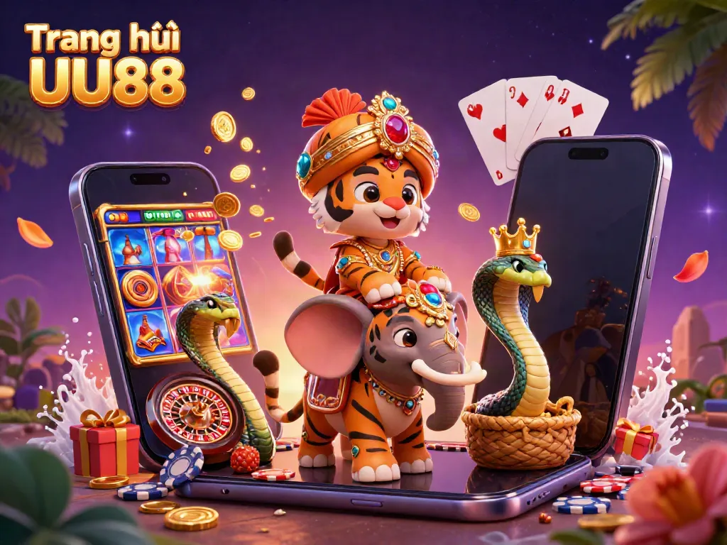 Experience the dynamic world of Trang chủ UU88 with a colorful 3D casino scene featuring a tiger maharaja.