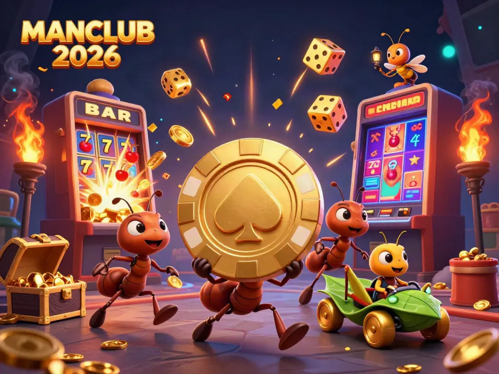 Experience the thrill of MANCLUB 2026 with a heist scene showcasing 3D ants carrying massive poker chips.