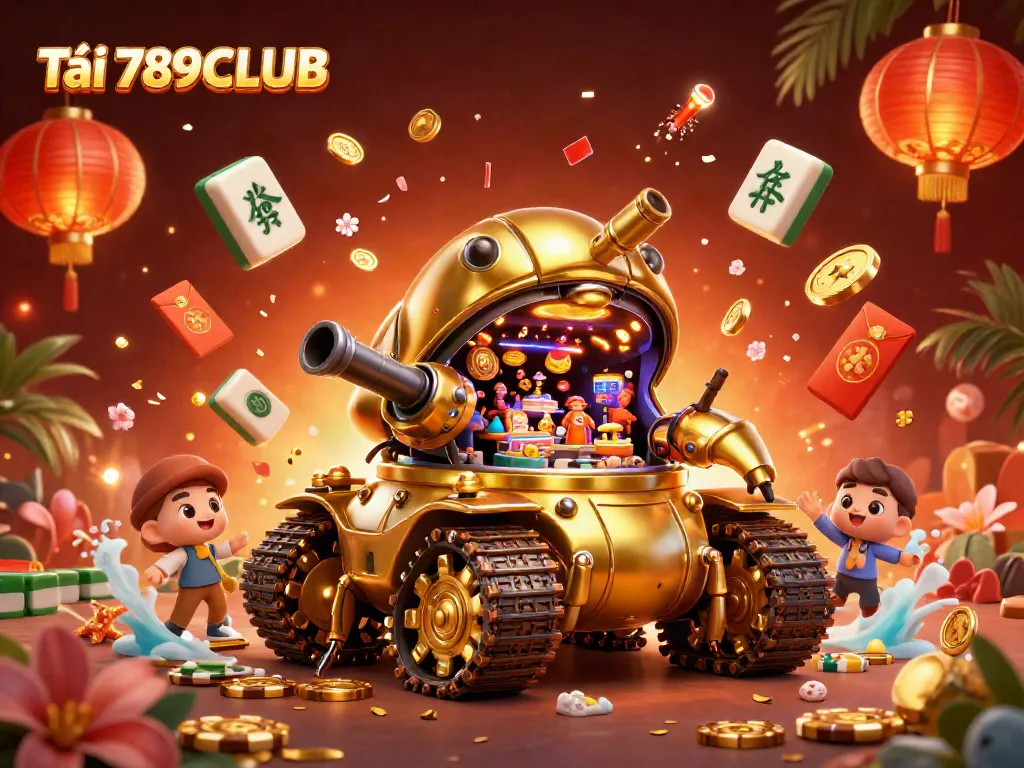 Experience Tải 789CLUB with a vibrant 3D casino scene featuring a golden beetle tank and festive elements.