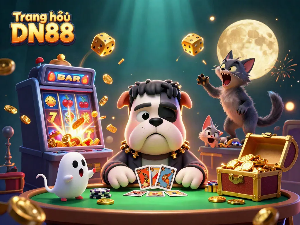 Engage in exciting games at Trang chủ DN88 with a thrilling cartoon casino scene featuring unique characters.