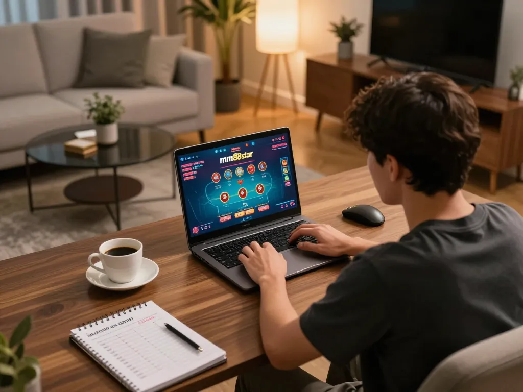 Engaged player strategizing with mm88star on laptop in cozy home gaming setup.