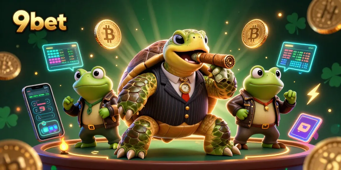 Engage at 9bet with a 3D casino scene featuring a snapping turtle and bullfrog enforcers.
