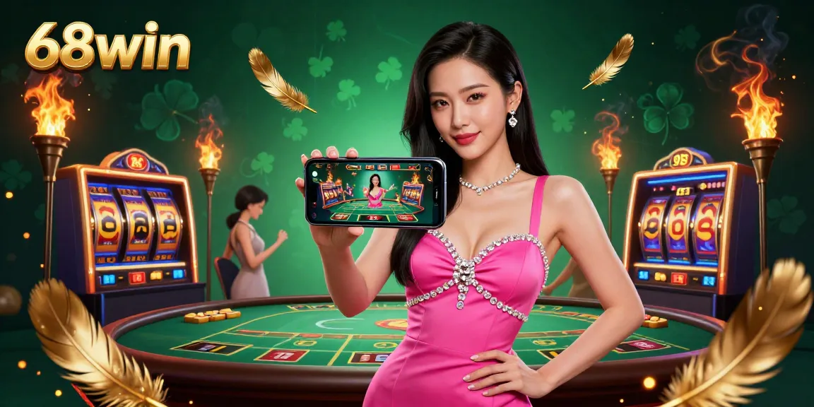 Experience the excitement of 68win with vibrant gaming elements in a stunning casino scene.