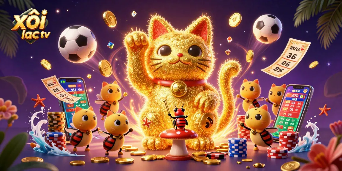 xôi lạc tv offers a vibrant sports betting experience with golden coins and lucky symbols in 3D illustration.