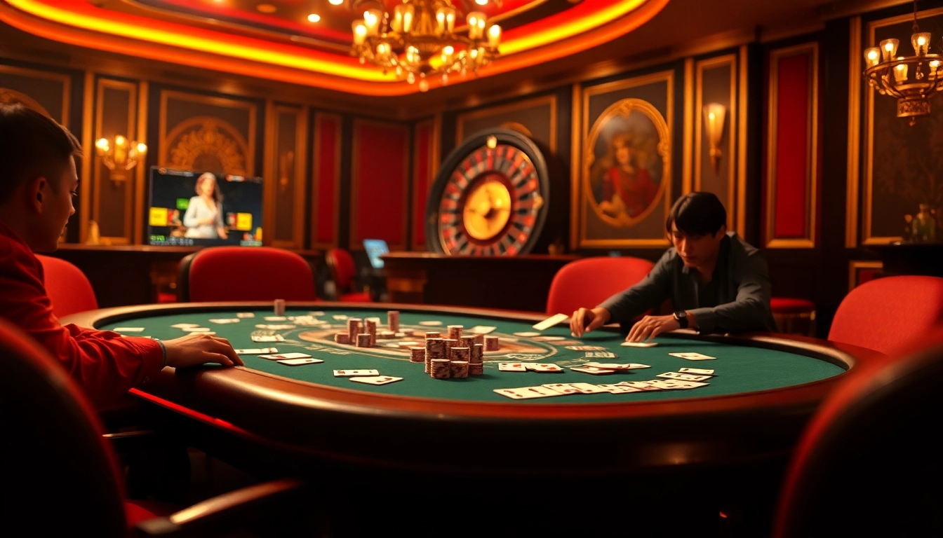 Experience thrilling gameplay with may88 com đăng ký at a premium poker table in a vibrant casino setting.
