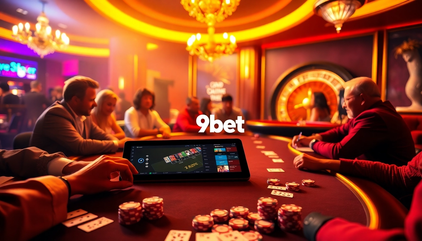 Engaged gamblers strategizing at a high-stakes 9bet poker table, surrounded by colorful chips and cards.