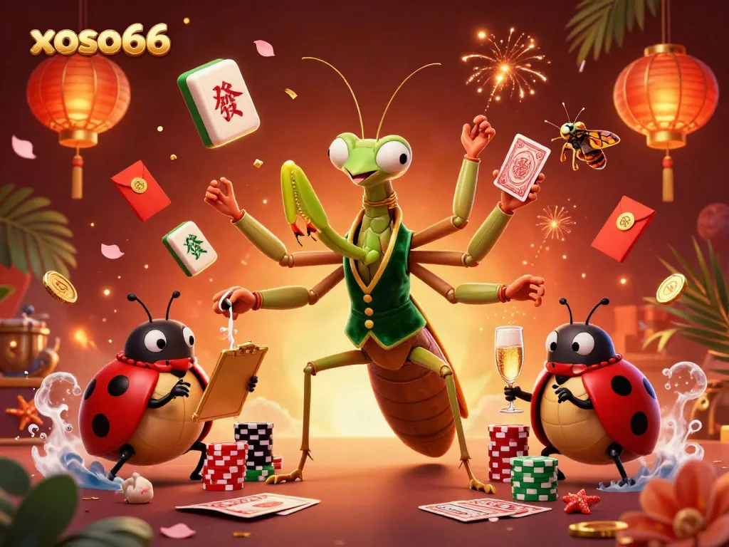 Xoso66 brings excitement with a giant praying mantis dealer in a casino scene featuring lucky symbols and vivid colors.