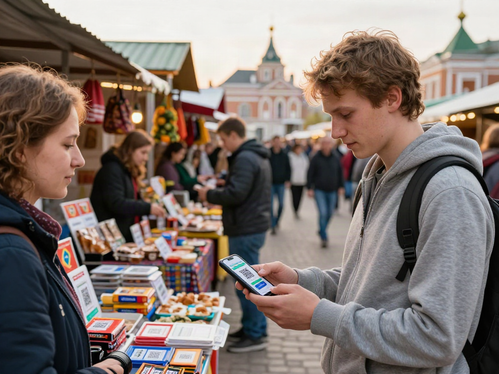 Rusya'da gezip dolaşırken, https://payinrussia.com/ uygulamasıyla QR kodlarını tarayarak alışveriş yapan bir turistin keyifli anı.