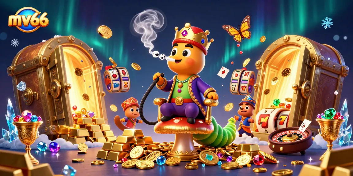 Experience excitement at mv66 with a vibrant 3D casino scene featuring jackpot symbols and treasure.