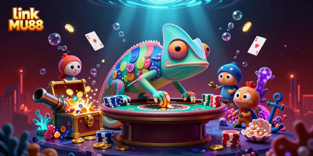 Experience the vibrant action of link MU88 with a whimsical chameleon casino owner and dynamic gambling elements.