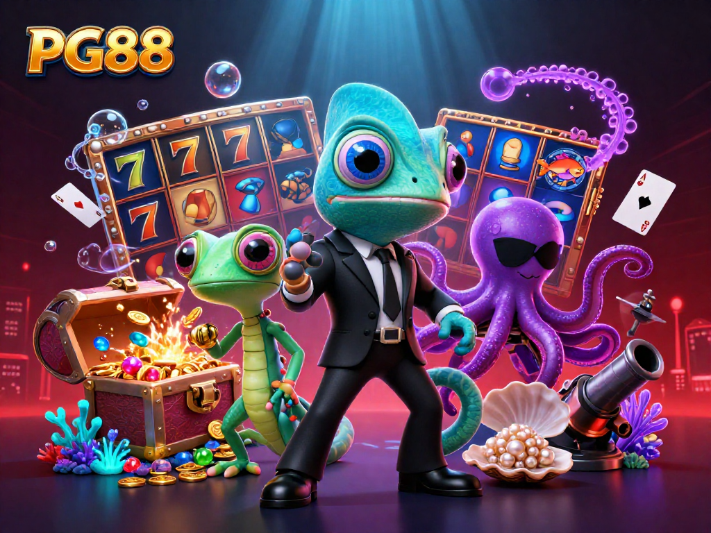 Join PG88's thrilling adventures with colorful characters and casino symbols in a vibrant underwater scene.